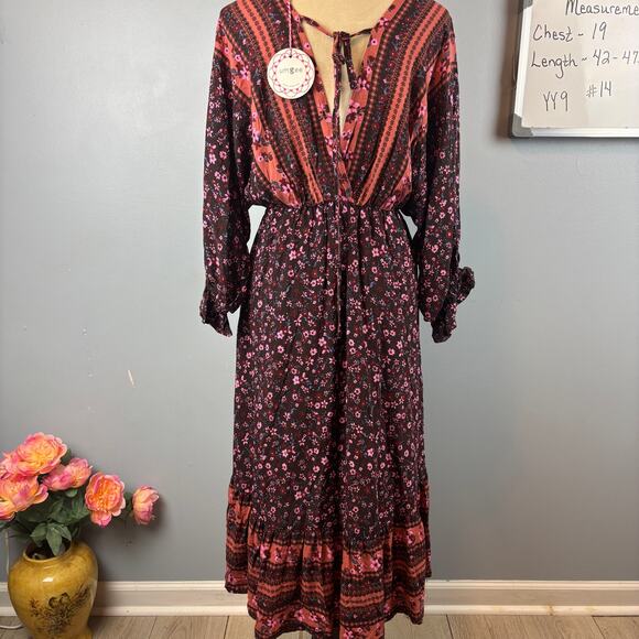 NWT Umgee Cocoa Mixed Print Midi Dress High Low Ruffle V-Neck Boho Feminine Med - Picture 3 of 10